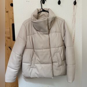Women's Cream Faux Leather Puffer Jacket